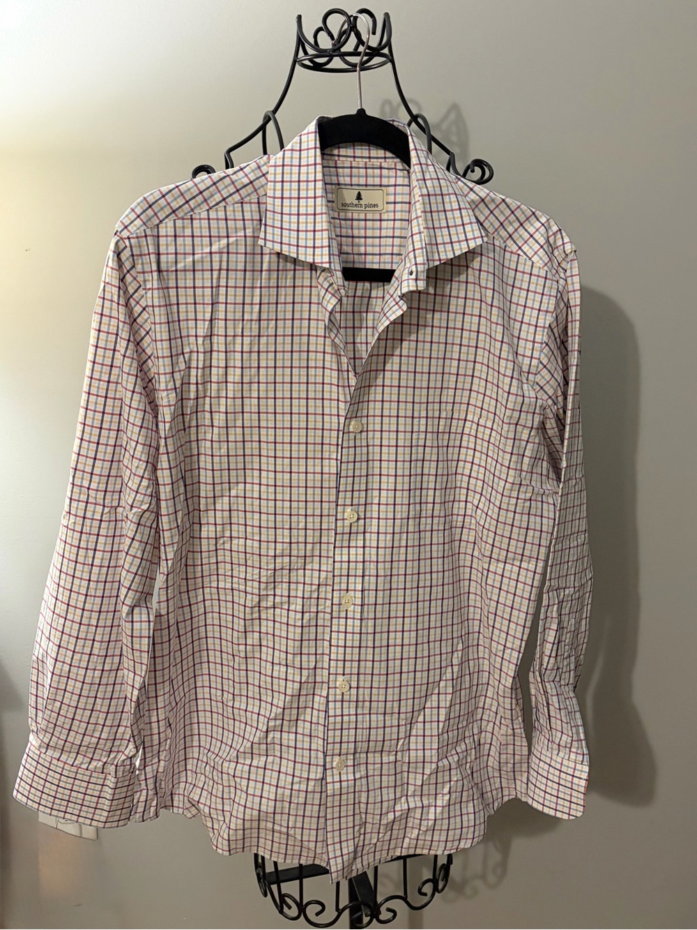 Southern Pines Men's medium White plaid Check button down  Dress Shirt